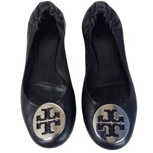 TORY BURCH Black Ballet Flats with Silver insignia  Size 7